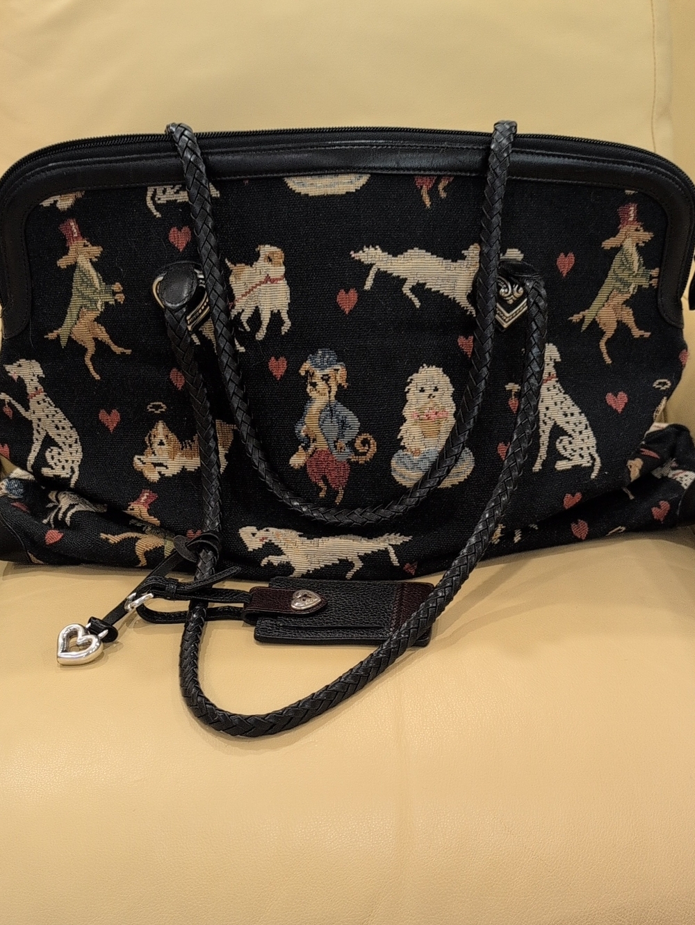 Brighton Black Dog-Print Tote Bag with Braided Handles